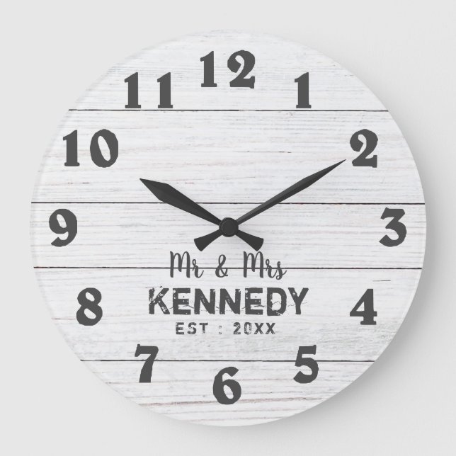 Rustic White Pallet Wood Mr. och Mrs Bröllop. Stor Klocka (Framsida)