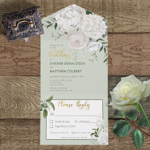 Rustic White Peonies Blommigt på Sage Grönt Middag