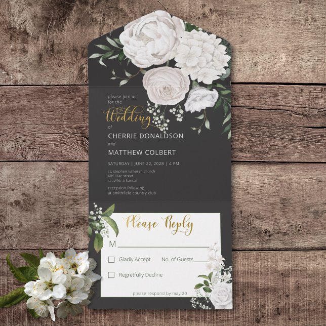 Rustic White Peonies Blommigt på svart, ingen midd (Rustic White Peonies Floral on Black All In One Wedding Invitation without Dinner Options)