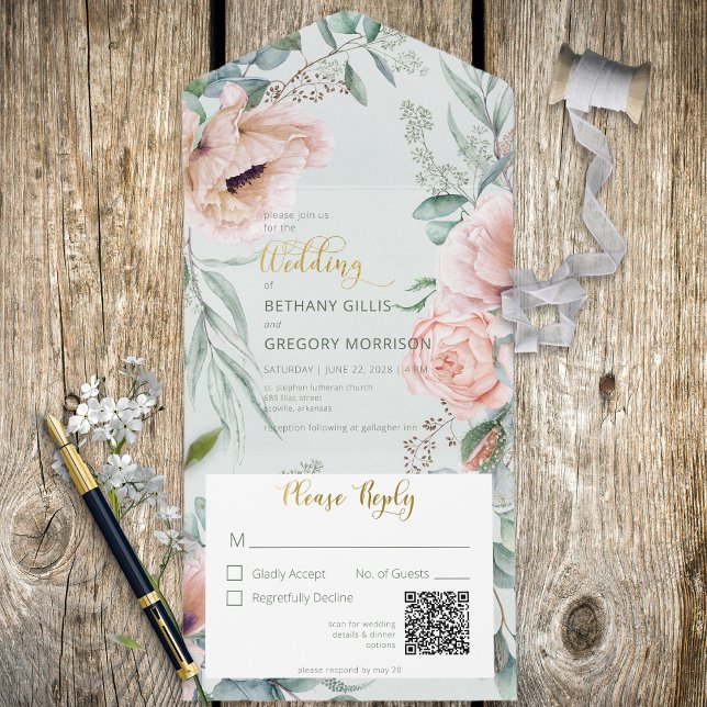Rustic White &  Peonies Sage Grönt QR Code (Skapare uppladdad)