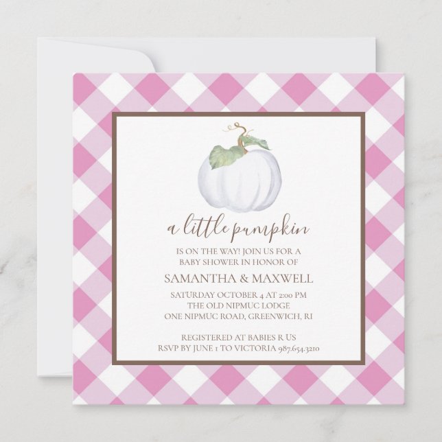 Rustic White Pumpkin och Gingham Baby Shower Inbjudningar (Framsida)