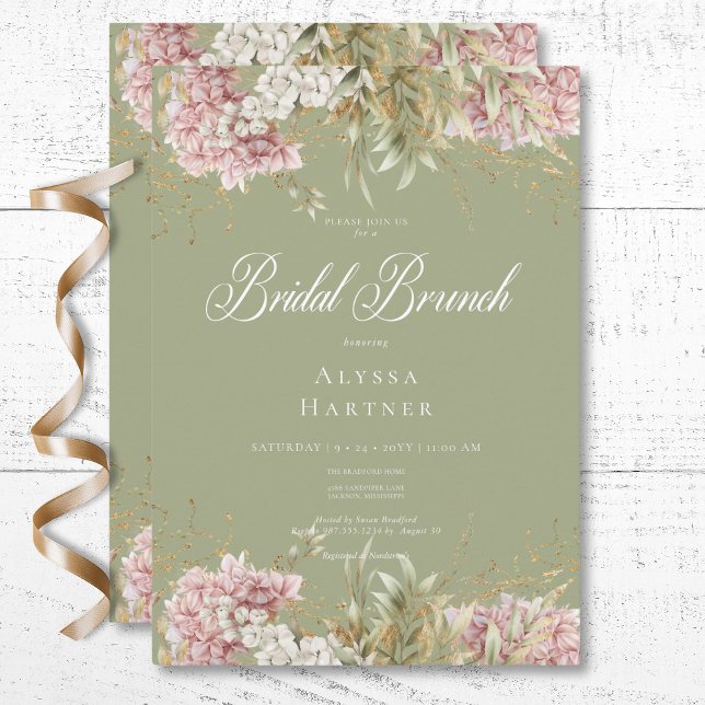 Rustic White & Rosa Hydrangea Grönt Möhippa Brunch Inbjudningar (Rustic White & Pink Hydrangea Green Bridal Brunch Invitation)