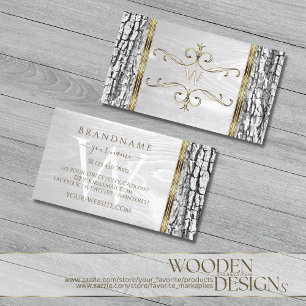 Rustic White Träd Bark Grain Guld Gräns Monogram Visitkort