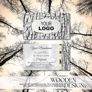 Rustic White Träd Bark Grain Oval Guld Gräns Log Visitkort