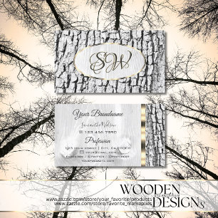 Rustic White Träd Bark Oval Guld Gräns Monogram Visitkort