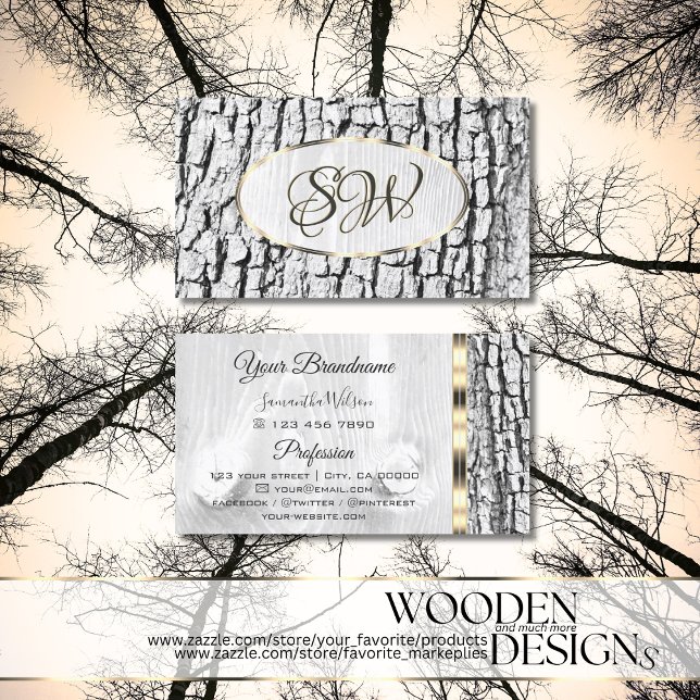 Rustic White Träd Bark Oval Guld Gräns Monogram Visitkort (Skapare uppladdad)