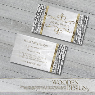 Rustic White Träd Bark Wood Grain med Guld Gräns Visitkort