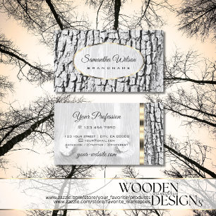Rustic White Träd Bark Wood Grain Oval Guld Grän Visitkort