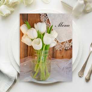 Rustic White Tulips i Mason Burk Barn Bröllop Menu