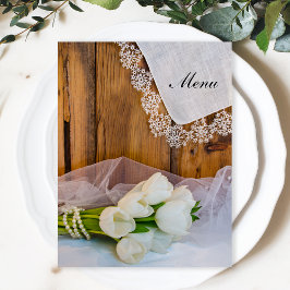 Rustic White Tulips Land Barn Bröllop Menu