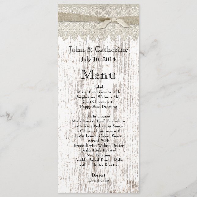 Rustic White Tvättat Wood och Snöre Bröllop Menu Meny (Framsida)