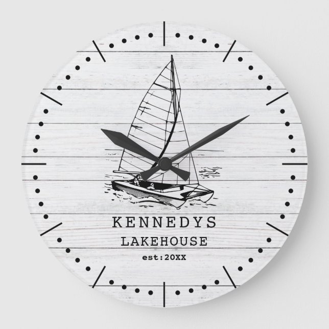 Rustic White Wood Boat Family Namn Sjö House Stor Klocka (Framsida)