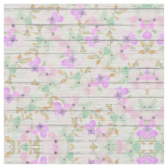 Rustic White Wood Mint Grönt  Rosa Flowers Tyg (Närbild)