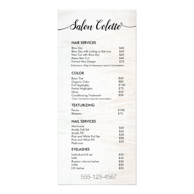 Rustic White Wood Namnteckning Salon Service Menu Reklamkort (Framsidan)