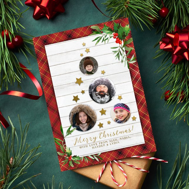 Rustic White Wood & Play Julgran 4 Photo Julkort (Skapare uppladdad)