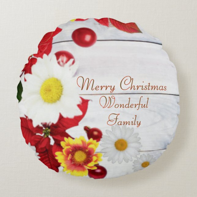 Rustic White Wood Poinsettia och Gult Flower Rund Kudde (Framsidan)