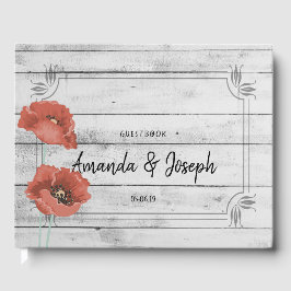 Rustic White Wood Poppy Flowers Bröllop Guestbook Gästböcker