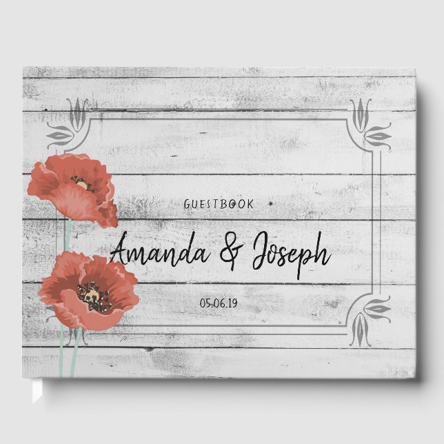 Rustic White Wood Poppy Flowers Bröllop Guestbook Gästböcker (Framsida)