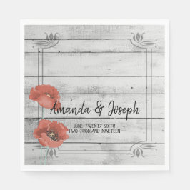 Rustic White Wood Poppy Flowers Bröllop Napkins Pappersservett
