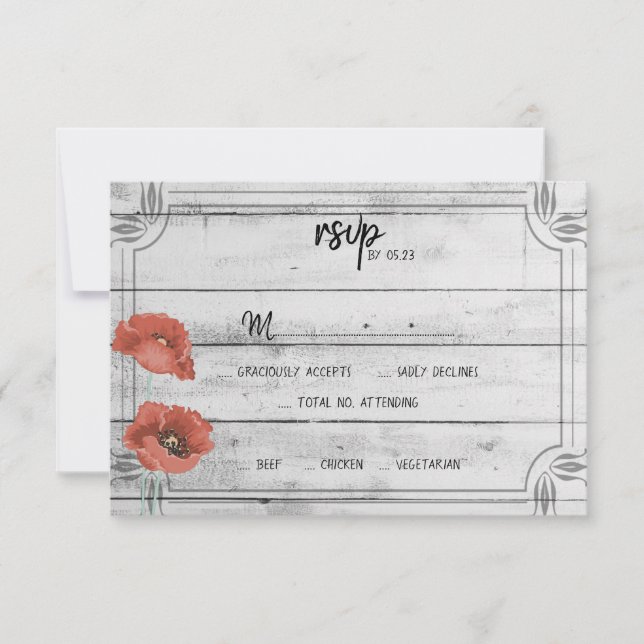 Rustic White Wood Poppy Flowers-Bröllop OSA Card Kort (Framsida)
