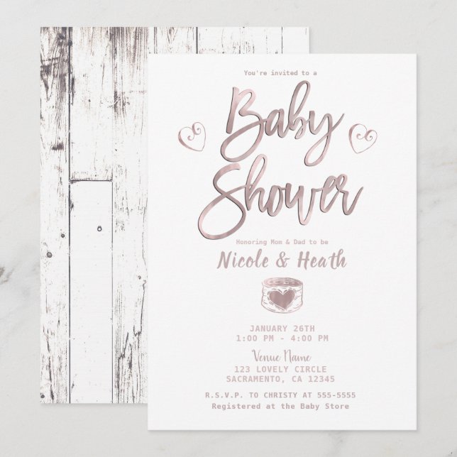 Rustic White Wood Ro Guld Rosa Baby Shower Inbjudningar (Fram/baksida)