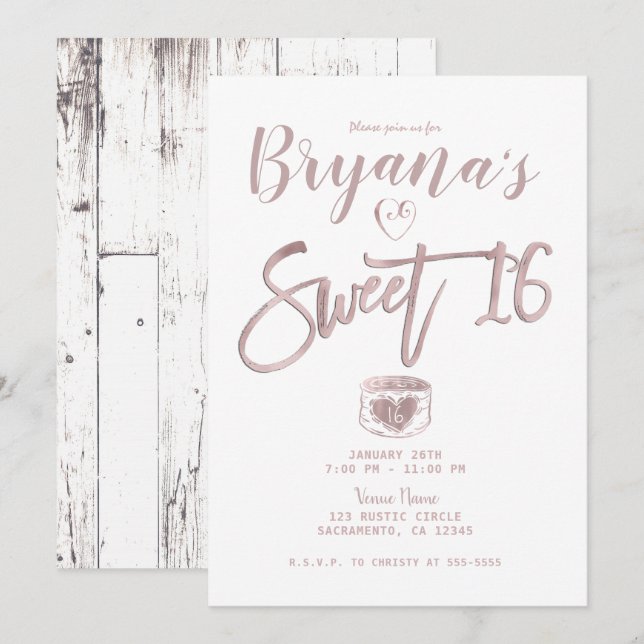 Rustic White Wood Ro Guld Rosa Sweet 16 Party Inbjudningar (Fram/baksida)