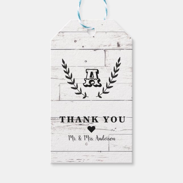 Rustic White Wood Shabby chic Laurel Wedding Favor Presentetikett (Framsidan)