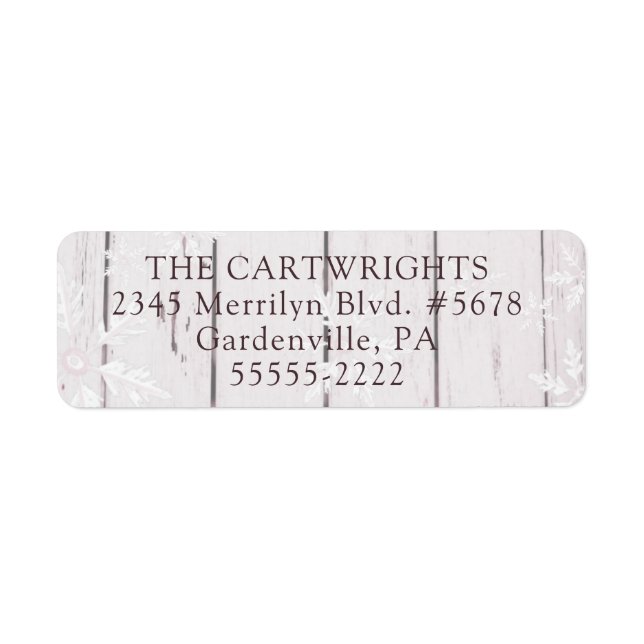 Rustic White Wood Winter Snöflingor Returadress Etikett (Framsidan)