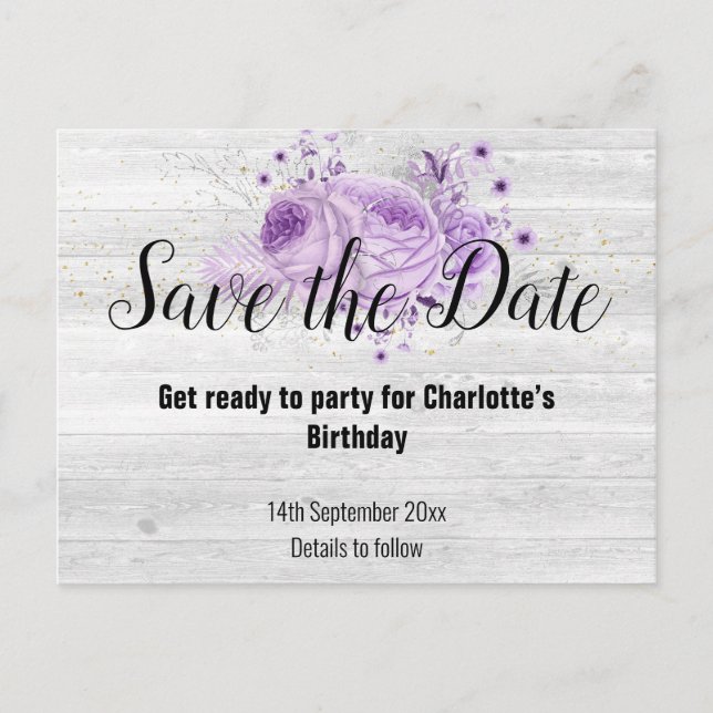 Rustic Whitewaschand Timber Blommigt Lilac Meddelande Vykort (Framsida)