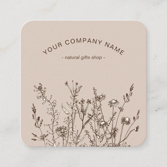 Rustic Wild Flowers Earthy Floral Sketches Logo Fyrkantigt Visitkort (Framsida)