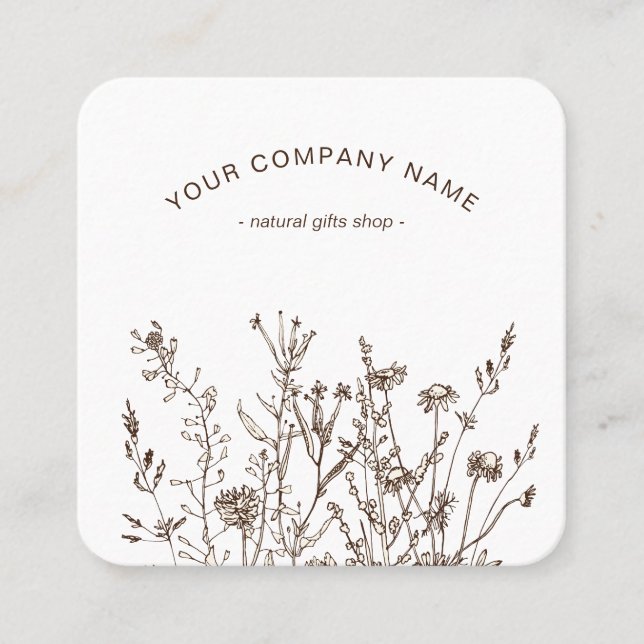 Rustic Wild Flowers Earthy Floral Sketches Logo Fyrkantigt Visitkort (Framsida)