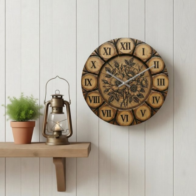Rustic Wild Rose Wall Clock | Wood-Look Farmhouse  Stor Klocka (Skapare uppladdad)