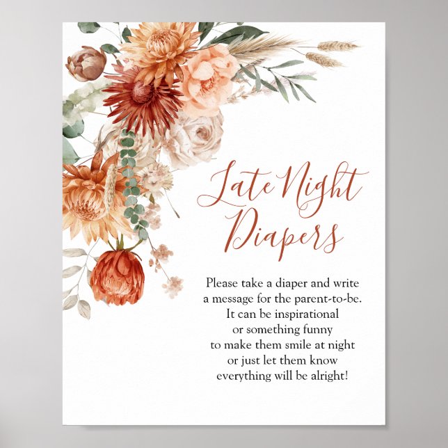 Rustic WildblomBaby Shower Late Night Diaper Poster (Framsidan)