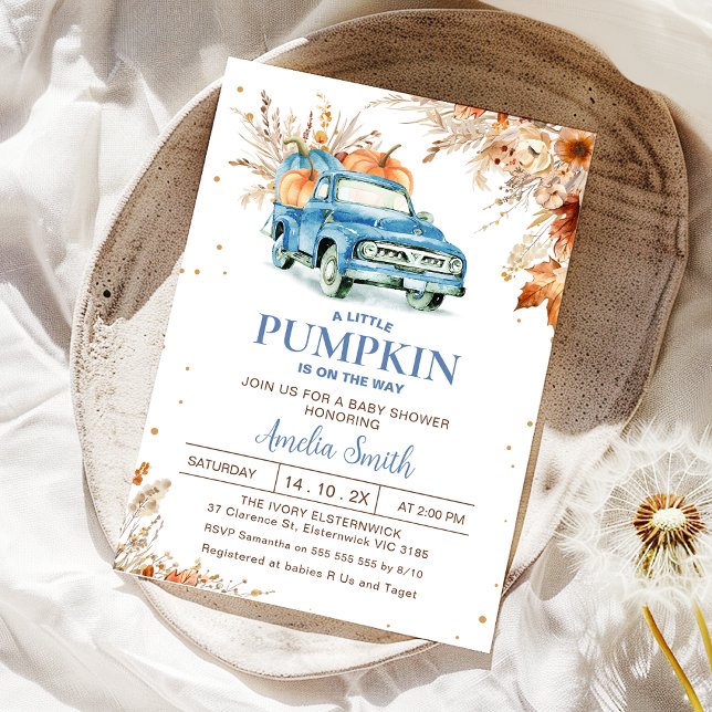 Rustic WildblomBlue Pumpkin Lastbil Baby Shower Inbjudningar (Fall Blue Pumpkin Truck Baby Shower Invitation Boy, boys Little Pumpkin Baby Shower Invite, Foliage)