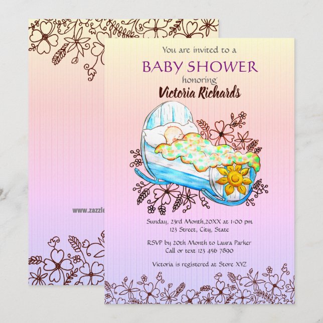 Rustic Wildblomma Baby i Cradle Baby Shower Inbjudningar (Fram/baksida)
