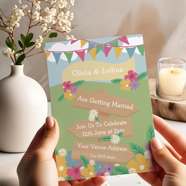 Rustic Wildblomma med Bunting och Signs Bröllop Inbjudningar (Skapare uppladdad)