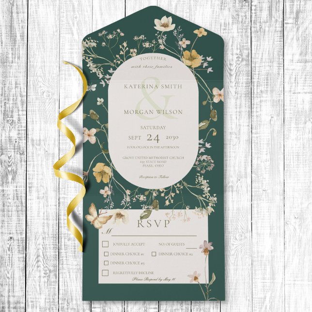 Rustic Wildblomma Ram Emerald Grönt Tre middagar (Rustic Wildflower Frame Emerald Green Three Dinner All In One Invitation)