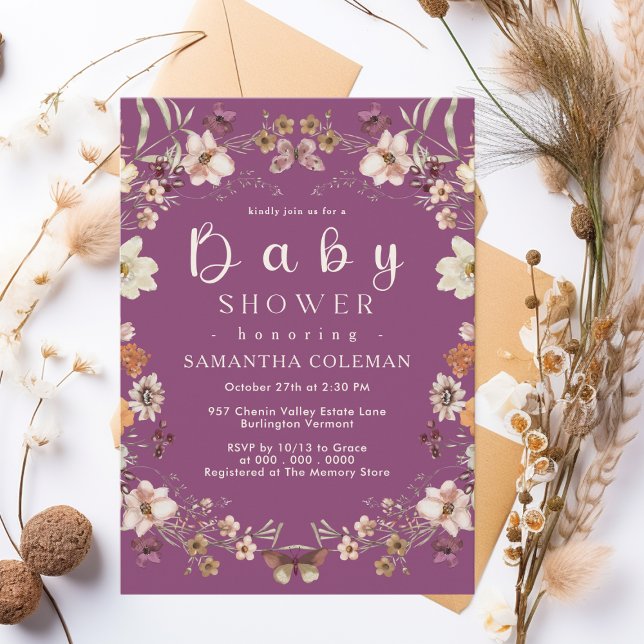 Rustic Wildblomme Theme Berry Lila Baby Shower Inbjudningar (Skapare uppladdad)