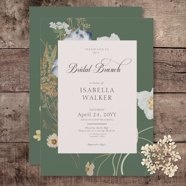 Rustic Wildblommon on Sage Grönt Möhippa Brunch Inbjudningar (Rustic Wildflowers on Sage Green Bridal Brunch Invitation)