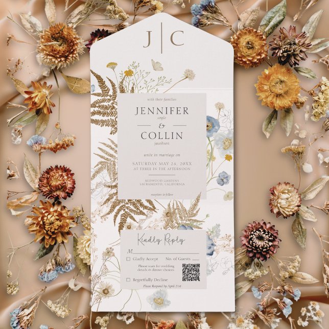 Rustic WildblomMonogram Cream QR-kod (Rustic Wildflowers Monogram Cream QR Code All In One Invitation)