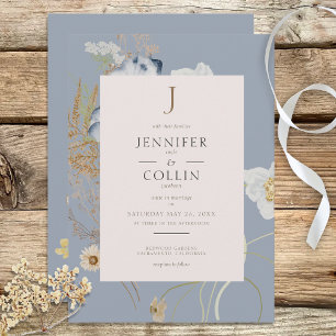 Rustic WildblomMonogram Dusty Blue Inbjudningar