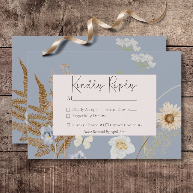 Rustic WildblomMonogram Dusty Blue OSA Kort (Rustic Wildflowers Monogram Dusty Blue Wedding Response Card)