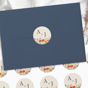 Rustic Wildblommonogrammed Blommigt Bröllop Runt Klistermärke
