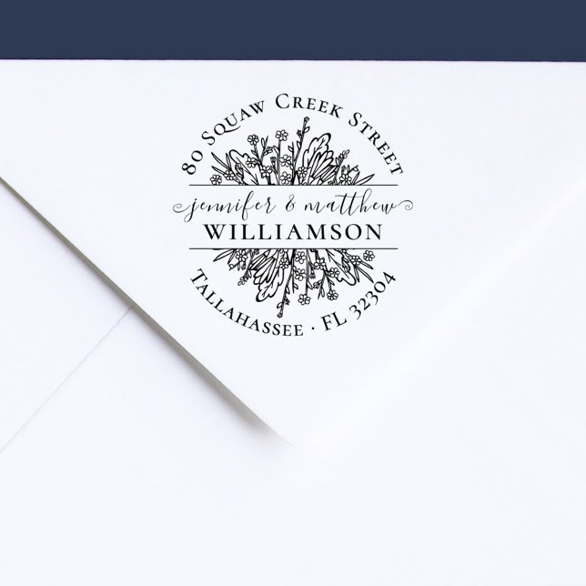 Rustic Wildblommor, gift par Returadress Stämpel (Rustic Wildflowers Married Couple Return Address Rubber Stamp)