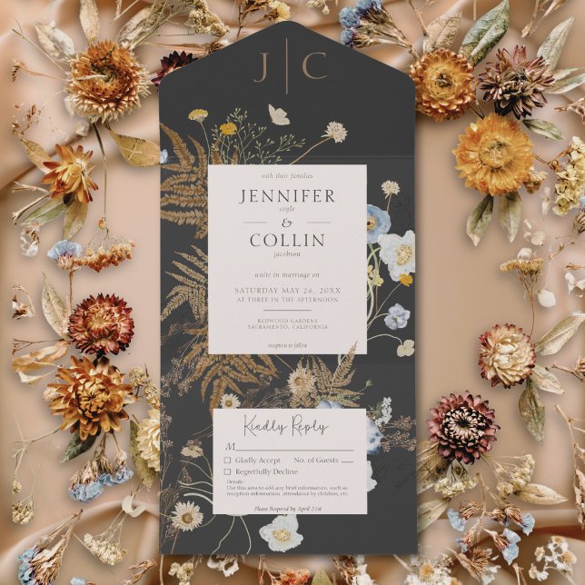 Rustic Wildblommor Monogram Black No Middag (Rustic Wildflowers Monogram Black No Dinner All In One Invitation)