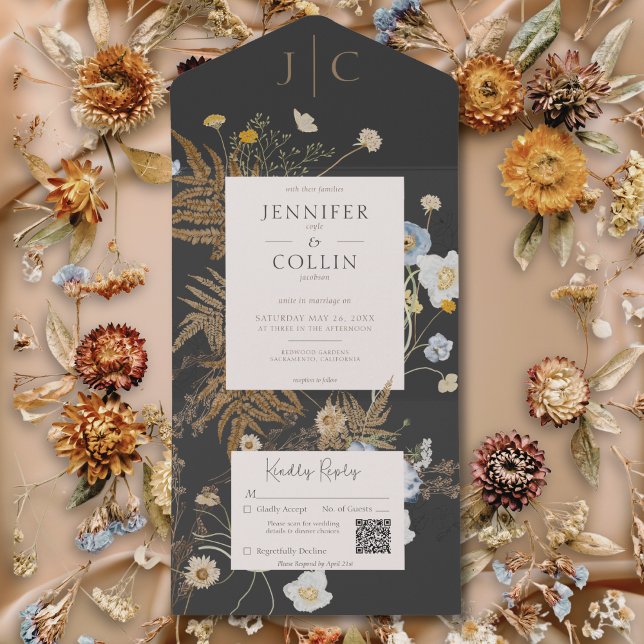 Rustic Wildblommor Monogram Black QR-kod (Rustic Wildflowers Monogram Black QR Code All In One Invitation)