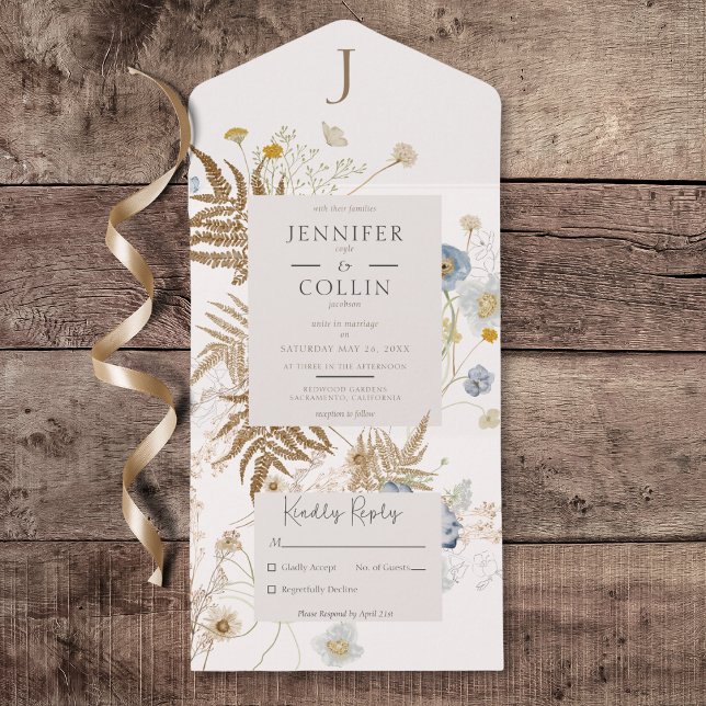 Rustic Wildblommor Monogram Cream No. Middag (Rustic Wildflowers Monogram Cream All in One Wedding Invitation without Dinner Options)