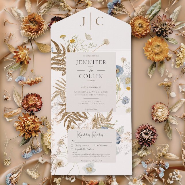 Rustic Wildblommor Monogram Cream No. Middag (Rustic Wildflowers Monogram Cream No Dinner All In One Invitation)
