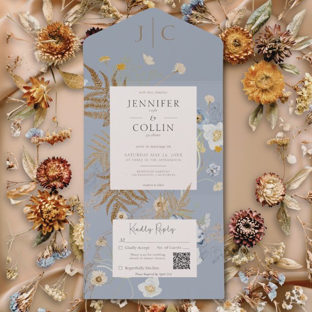 Rustic Wildblommor Monogram Dusty Blue QR Code (Rustic Wildflowers Monogram Dusty Blue QR Code All In One Invitation)