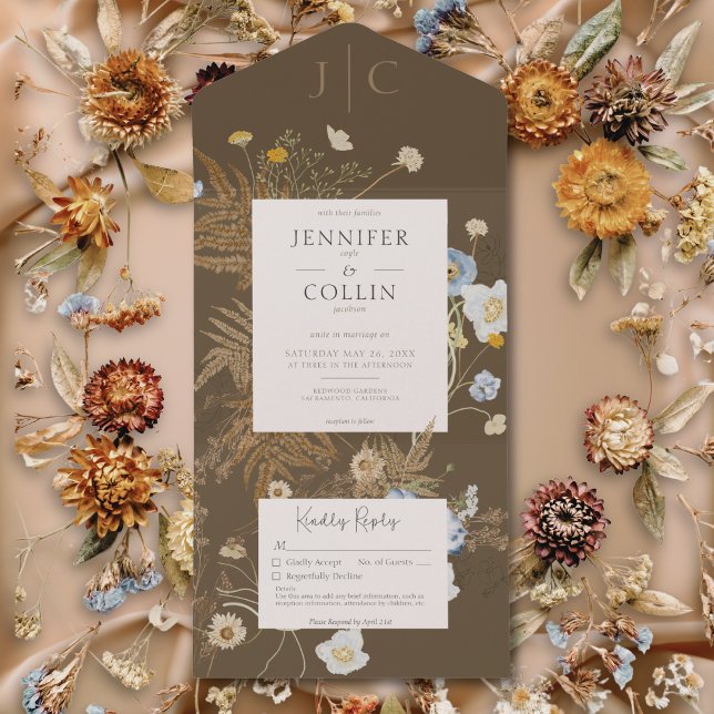 Rustic Wildblommor Monogram Light Brown, ingen mid (Rustic Wildflowers Monogram Light Brown No Dinner All In One Invitation)
